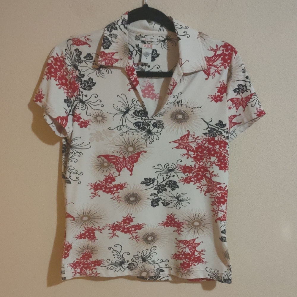 Izod White Shirt with Red and Black Floral Design